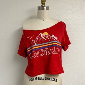 Red Colorado Graphic Off-Shoulder Women's Crop Top
